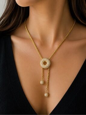 Posh Gold Pavé Donut Lariat Tie Necklace with Dangling Balls